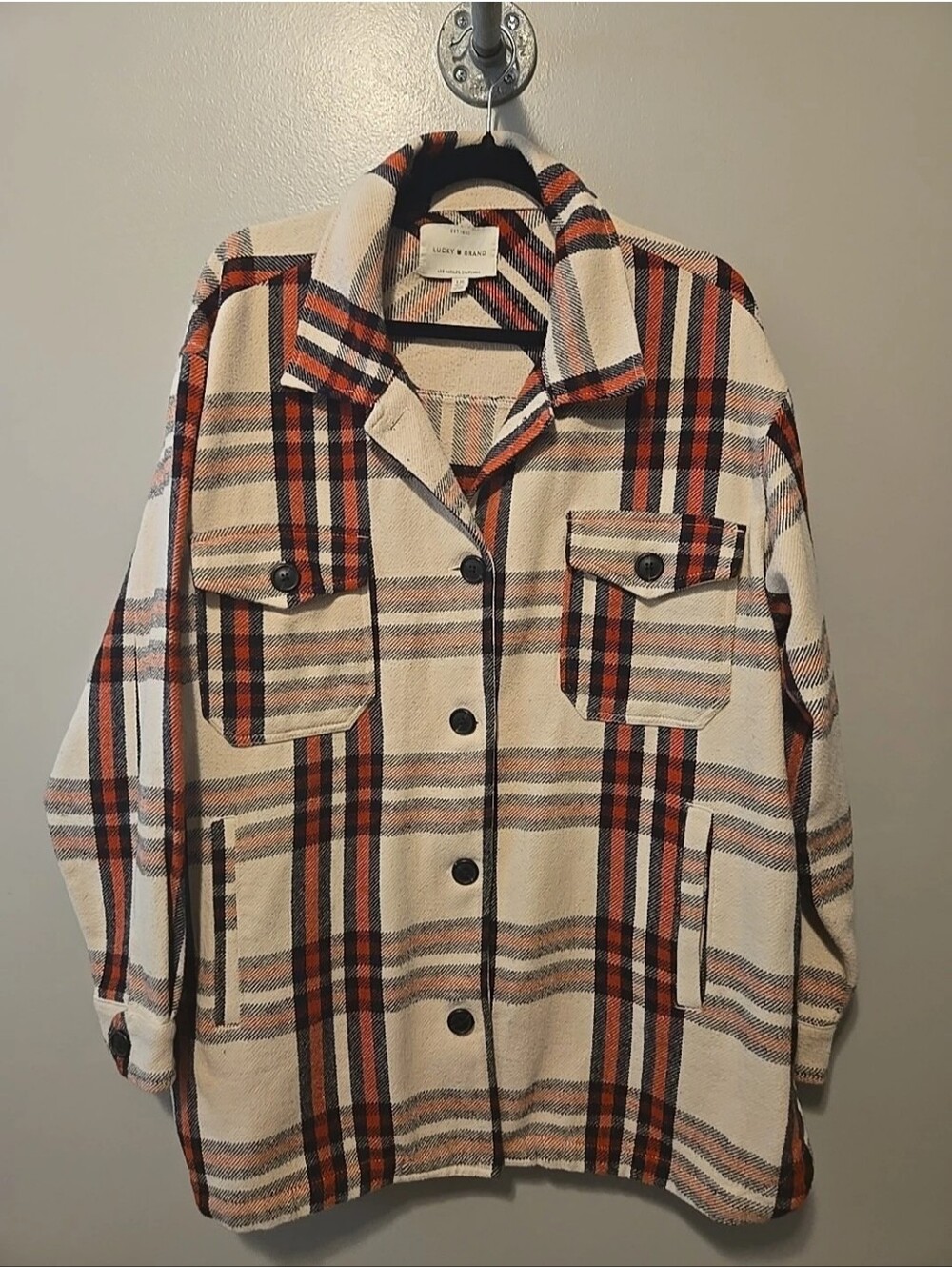 Lucky Brand Plaid Oversized Shacket Shirt Jacket Cream Red Pockets Size L
